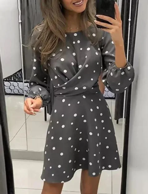 Polka Dot Printed Dress Women O-neck Long Sleeve Mini Dress Waist Tight Dress