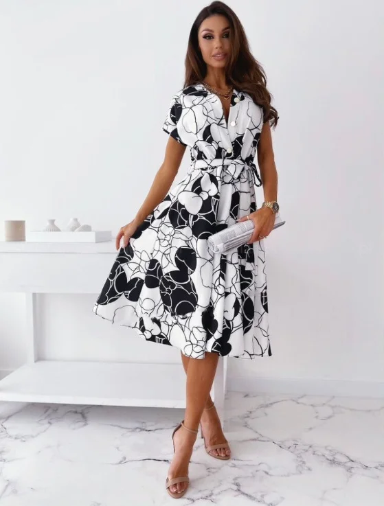 Print Lace-up Shirt Elegant V-neck Button Mid-length Dress Fashion A-line Party Dress