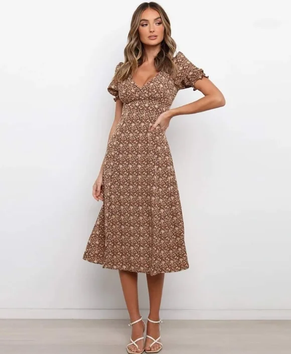 Print Sexy Deep V-neck Women Dresses New Fashion A-line Midi Dress