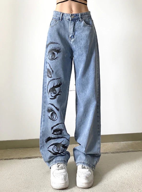 PRINTED LOOSE STRAIGHT JEANS PANTS