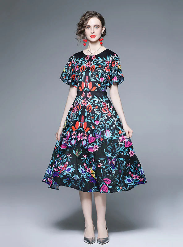 PRINTED LOTUS LEAF SLEEVES DRESS