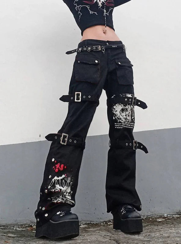 PRINTED SLIT POCKETS STRAIGHT PANTS JEANS