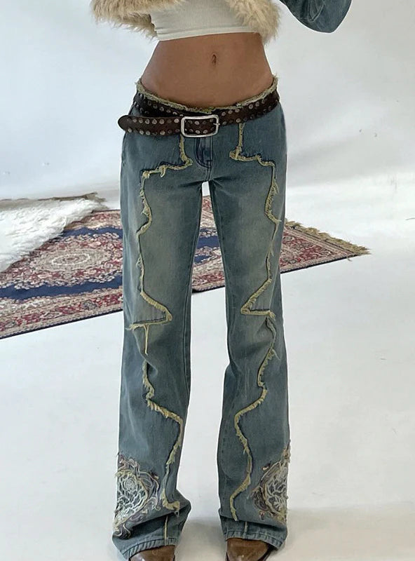 RAW EDGES LOW WAIST EMBROIDERED JEANS