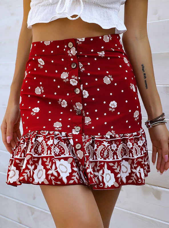 RED CHRISTMAS FLOUNCE PRINT SKIRT