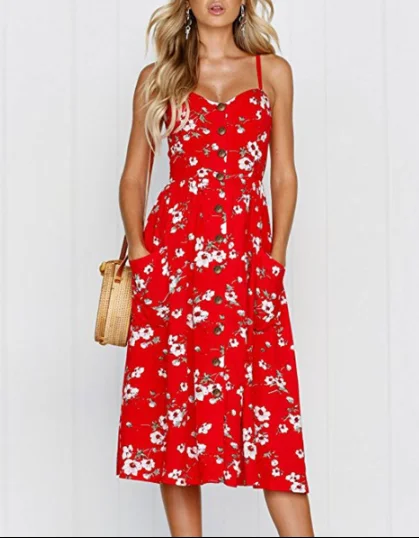 Red Summer Ladies Casual Beach Dress Midi Button Backless Women Dress