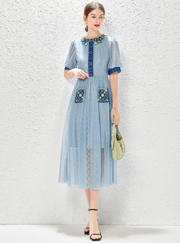 RETRO BLUE BUBBLE SLEEVE LACE EMBROIDERY STITCHING DRESS