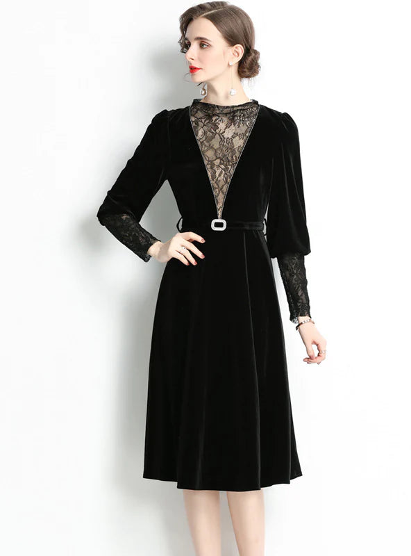 RETRO BUBBLE SLEEVE LACE VELVET DRESS