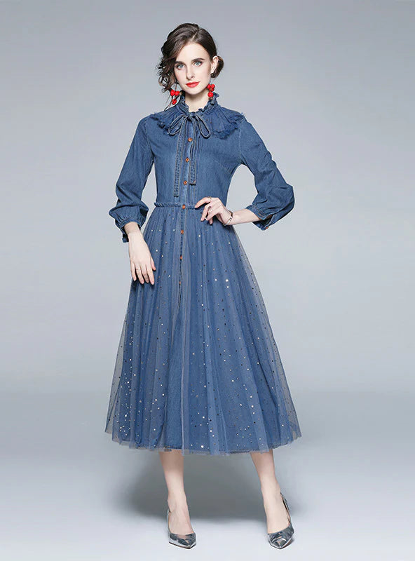 RETRO LONG SLEEVE MESH SEQUINED DENIM BLUE DRESS