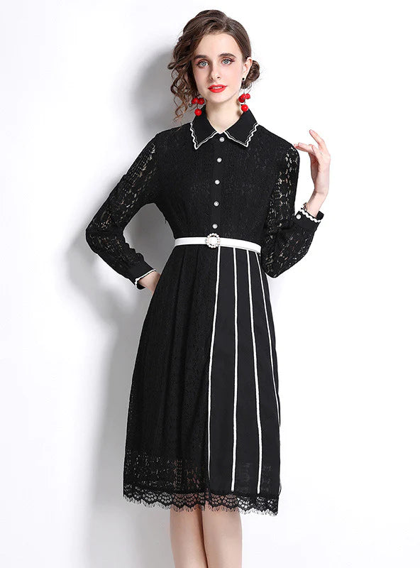 RETRO LONG SLEEVE PLEATED CHIFFON STITCHING LACE DRESS