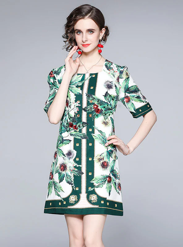 RETRO PRINTED SQUARE COLLAR LOOSE DRESS