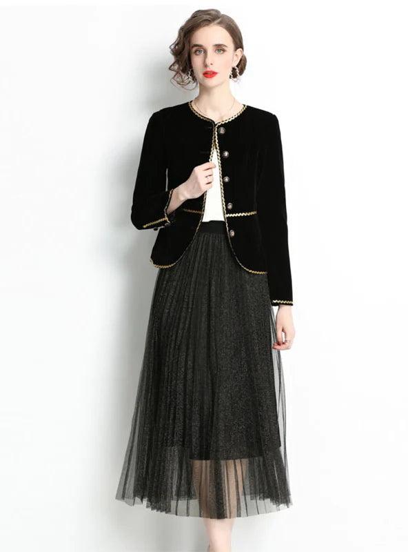 RETRO VELVET COAT GAUZE SKIRT TWO-PIECE SUIT