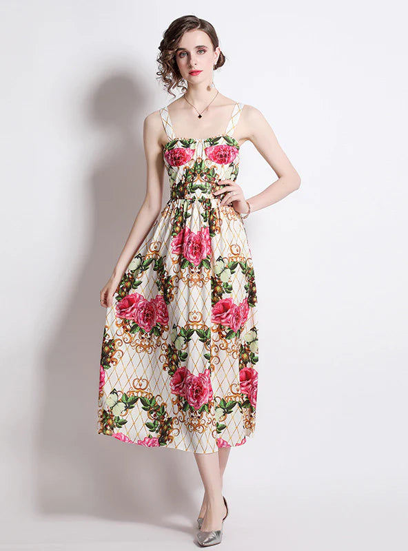 ROSE PRINT SUSPENDER DRESS