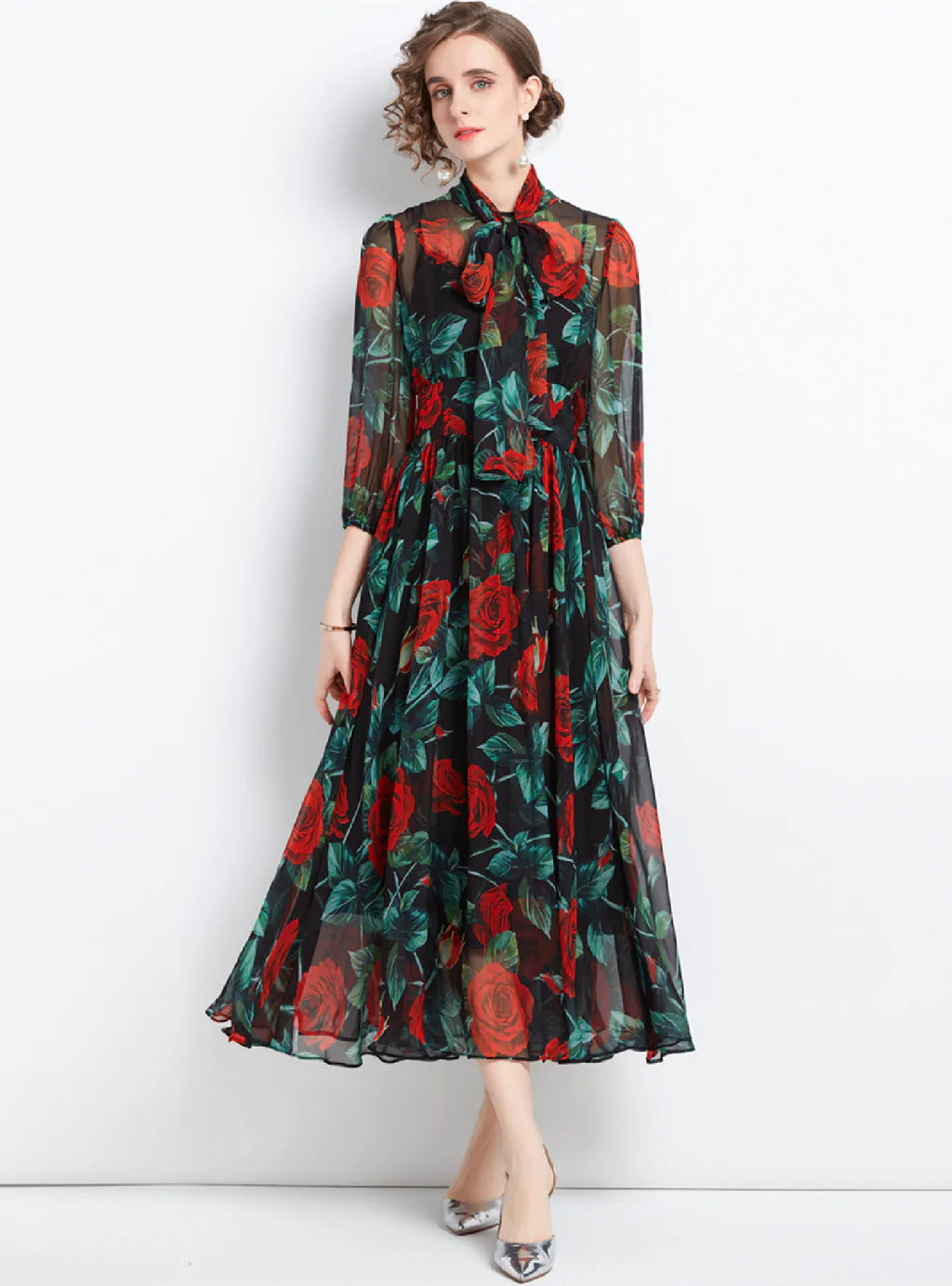 ROSE PRINTED SLIM LONG SLEEVE CHIFFON DRESS