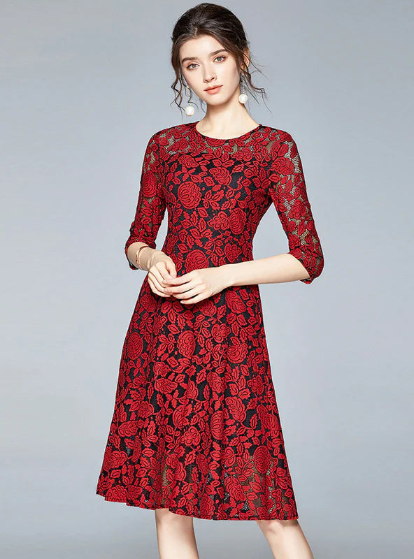 ROUND NECK 3/4 SLEEVES LACE DRESS