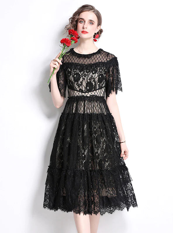 ROUND NECK BLACK LACE SHORT SLEEVE DRESS