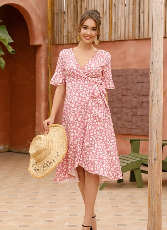 Ruffle Sleeve Women Boho Dress Floral Print Vintage Dresses Female Summer Holiday Casual Midi Dress