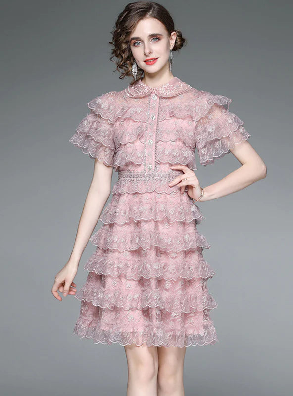 RUFFLED LACE STITCHING SHORT SLEEVE DRESS