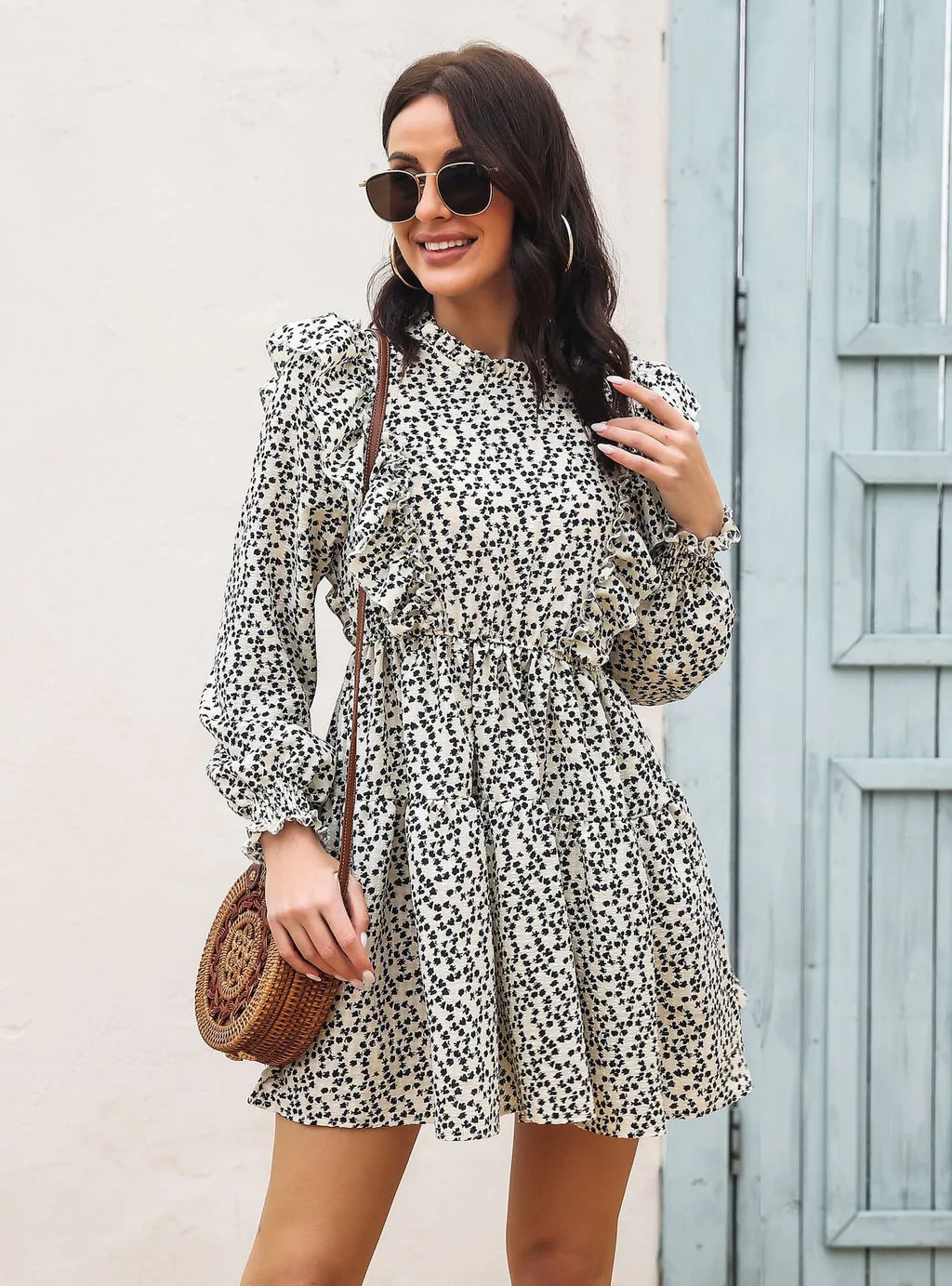 RUFFLED WOOD EAR COLLAR LONG SLEEVE PRINTED DRESS