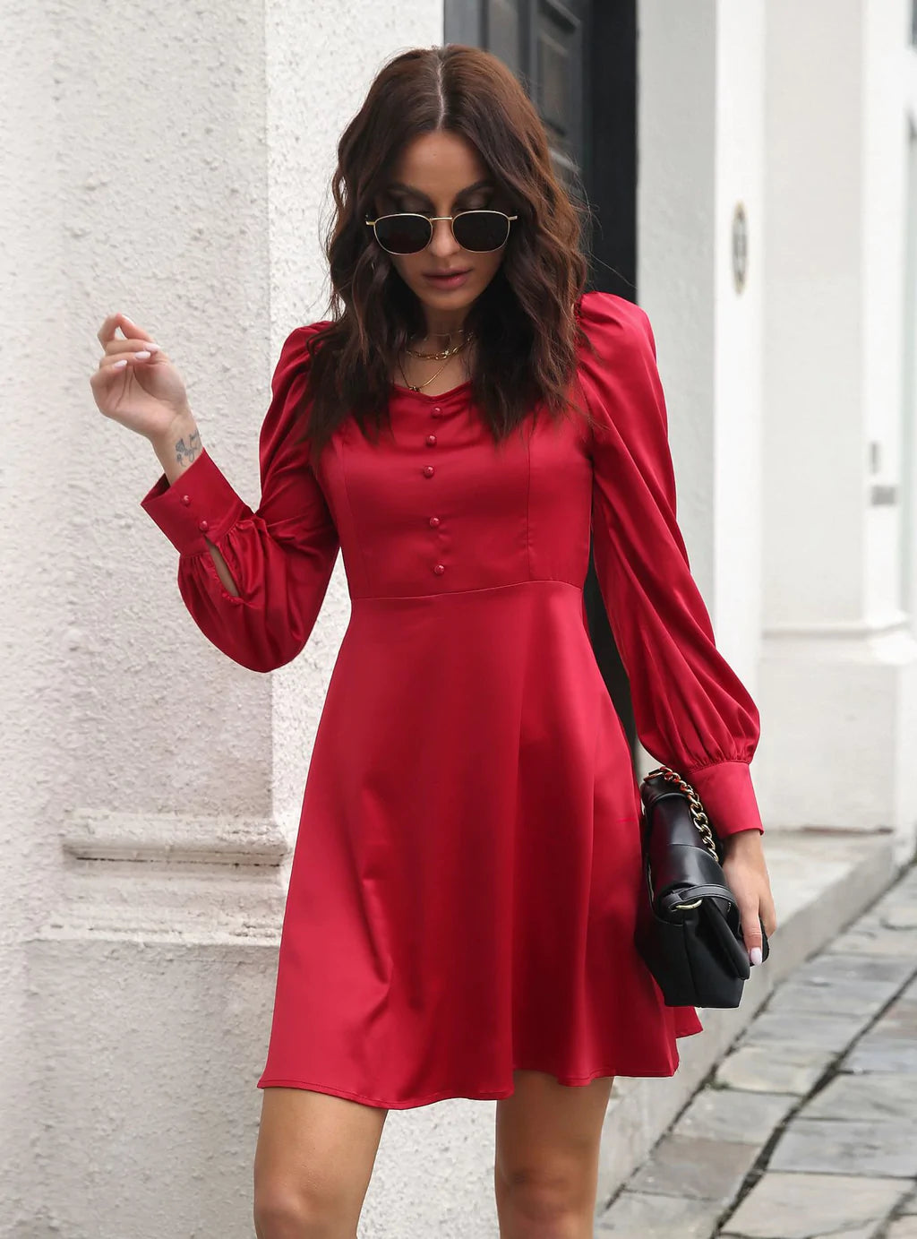 SATIN BUBBLE SLEEVE LONG SLEEVE DRESS