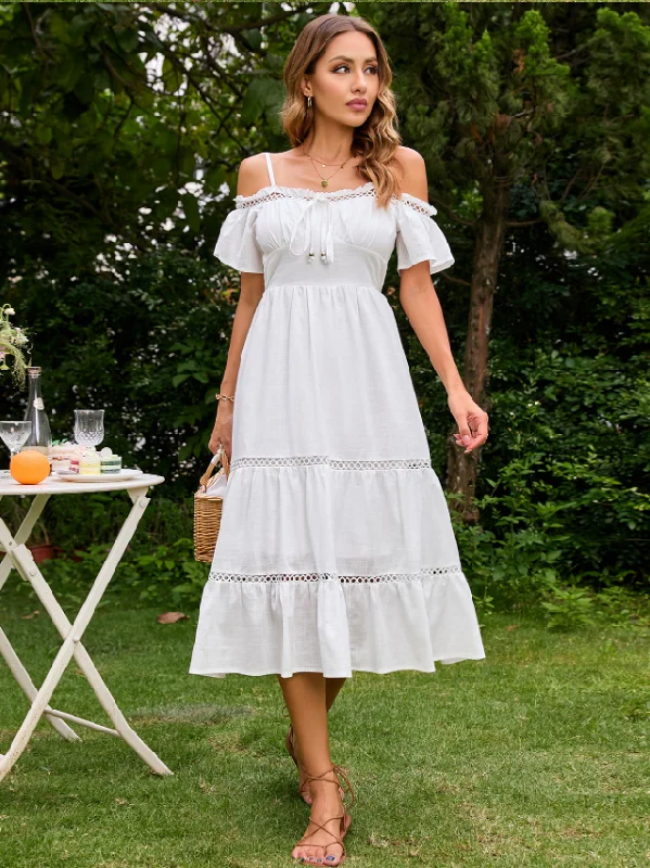 Sexy Cotton White Cold Shoulder Dress Holiday Vacation Beach Sundress Elegant Ruffle Lace Up Long Dress