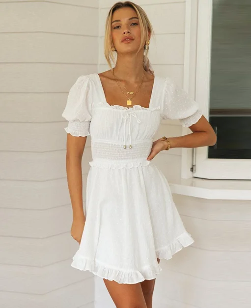 Sexy Square Collar Puff Sleeve Ruffled Dress Beach Holiday Sundress White Vestidos Robe