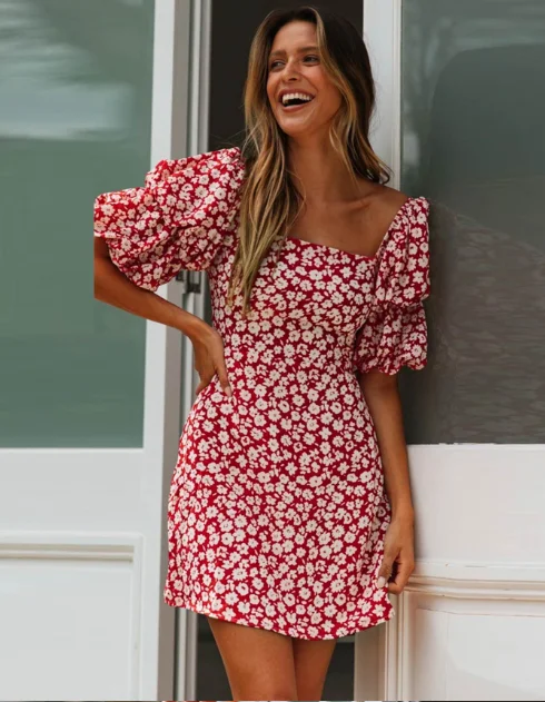 Sexy Square Collar Red Floral Print Dress Women Short Puff Sleeve Boho Mini Dress