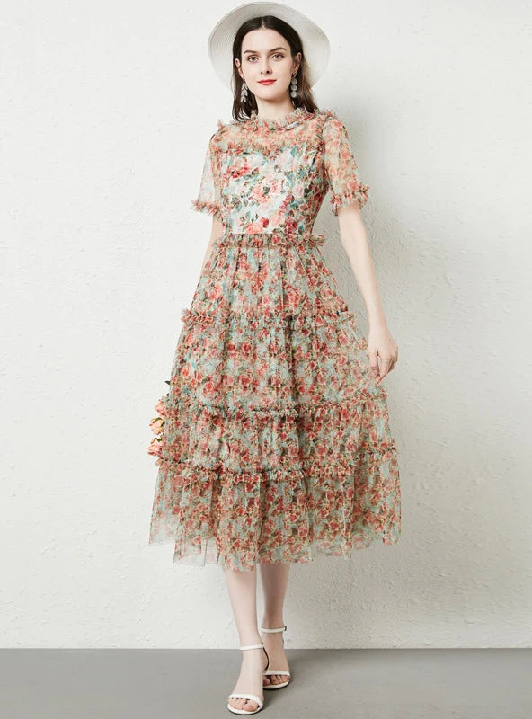 SHORT-SLEEVED WOODEN EAR GAUZE PRINT DRESS