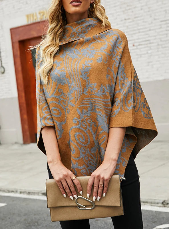 SIDE LAPEL PRINT CAPE SHAWL SWEATER COAT