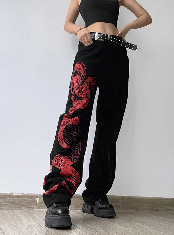 SNAKE PRINT CONTRAST COLOR LOOSE CASUAL JEANS