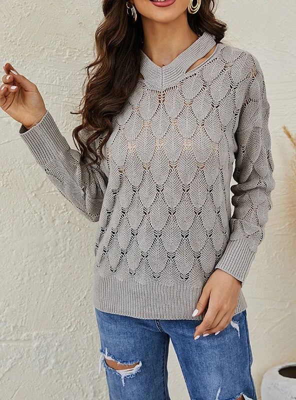 SOLID-COLOR V-NECK FISH-SCALE HOLLOW SWEATER