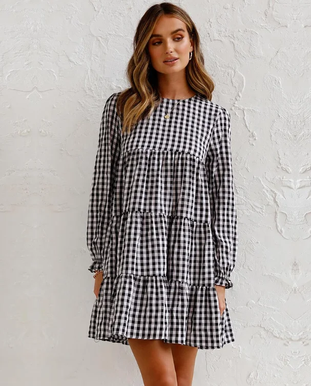 Spring Autumn Plaid Dress Robe for Women New Casual Long Sleeve O-neck Dress