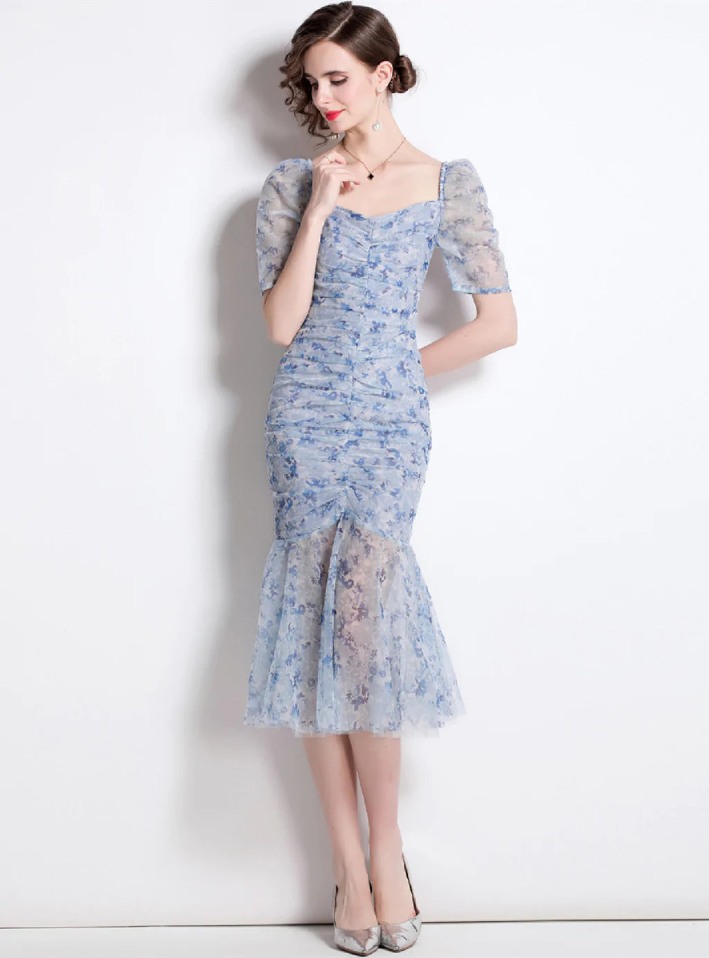 SQUARE COLLAR PLEATED GAUZE FLORAL DRESS