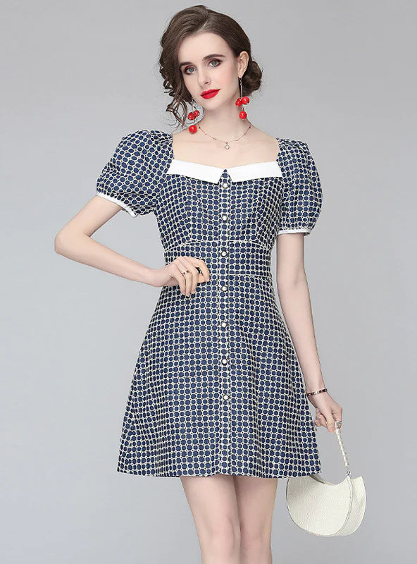 SQUARE COLLAR WAIST SLIM BUBBLE SLEEVE DRESS