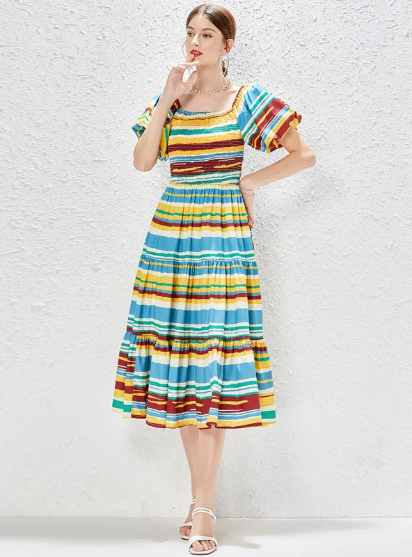 SQUARE COLLAR WAIST SLIM RAINBOW HOLIDAY DRESS