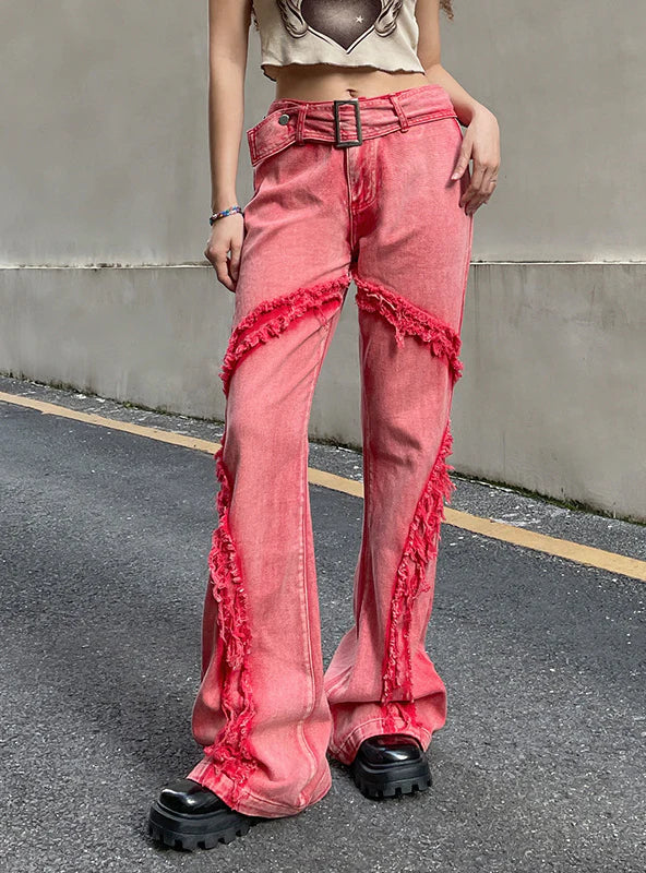 STITCHING COLOR TASSEL METAL BUTTON BELT JEANS