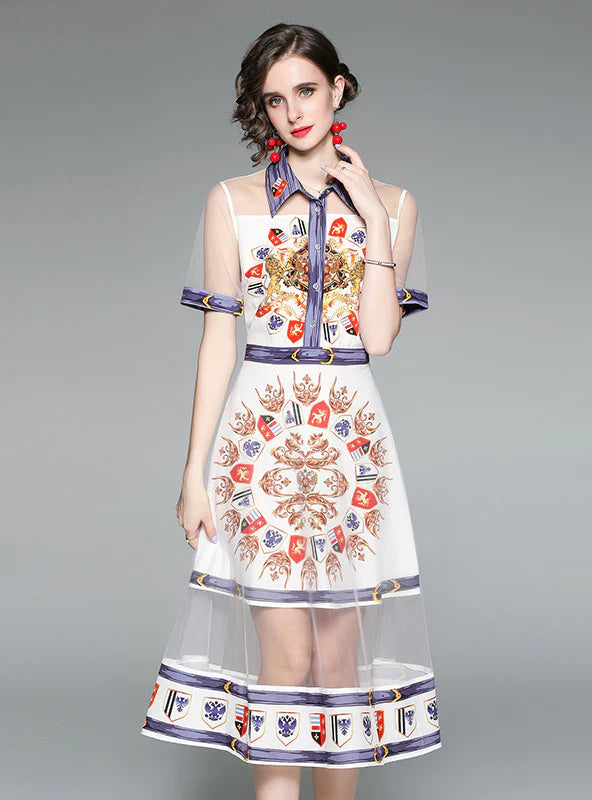 STITCHING MESH LAPEL SHORT SLEEVE PRINTED FAKE TWO-PIECE DRESS