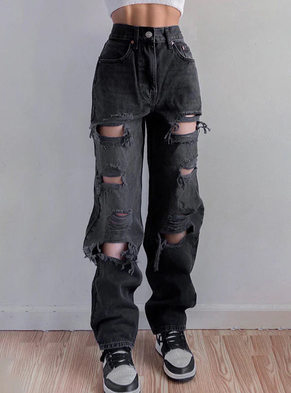 STRAIGHT HOLES HIGH WAIST JEANS