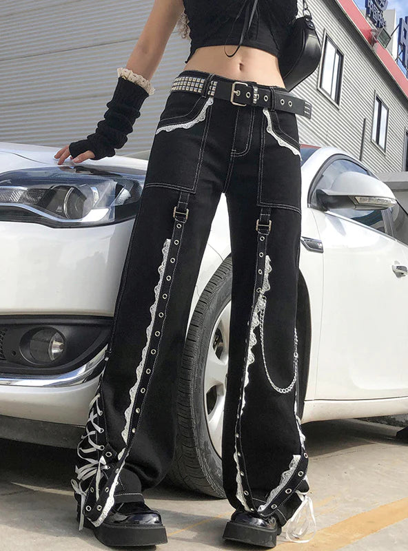 STRAIGHT LACE STITCHING RIBBON CHAIN JEANS