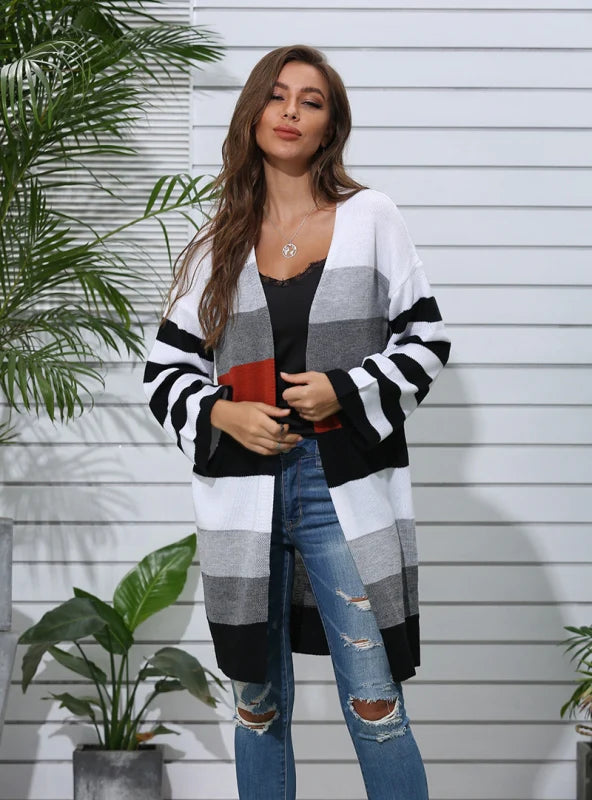 STRIPED CARDIGAN COLOR MATCHING SWEATER COAT