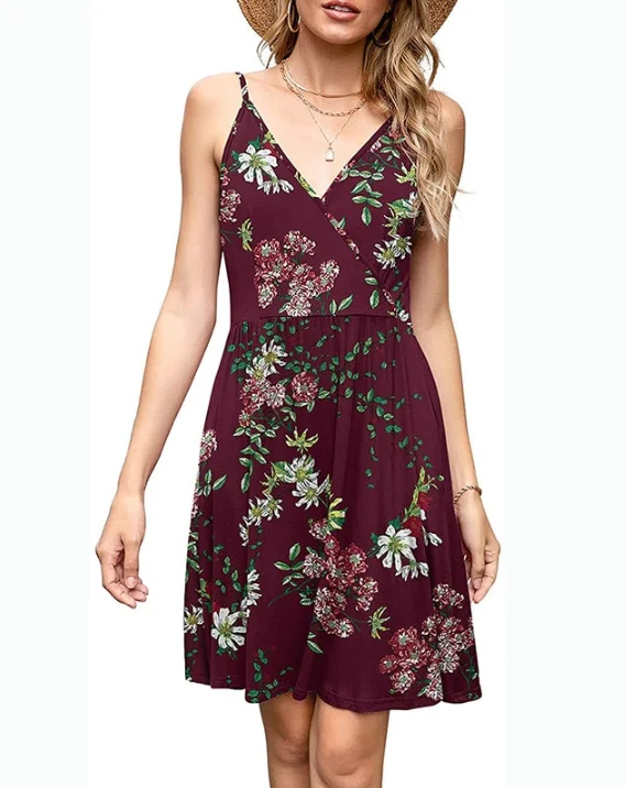 Summer Burgundy Ladies Fashion New Women Print V-neck Sexy Strap Backless Satin Dress