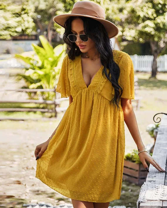 Summer Style V Neck Solid Dress Women Casual High Waist New Fashion Short Sleeve Mini Dress