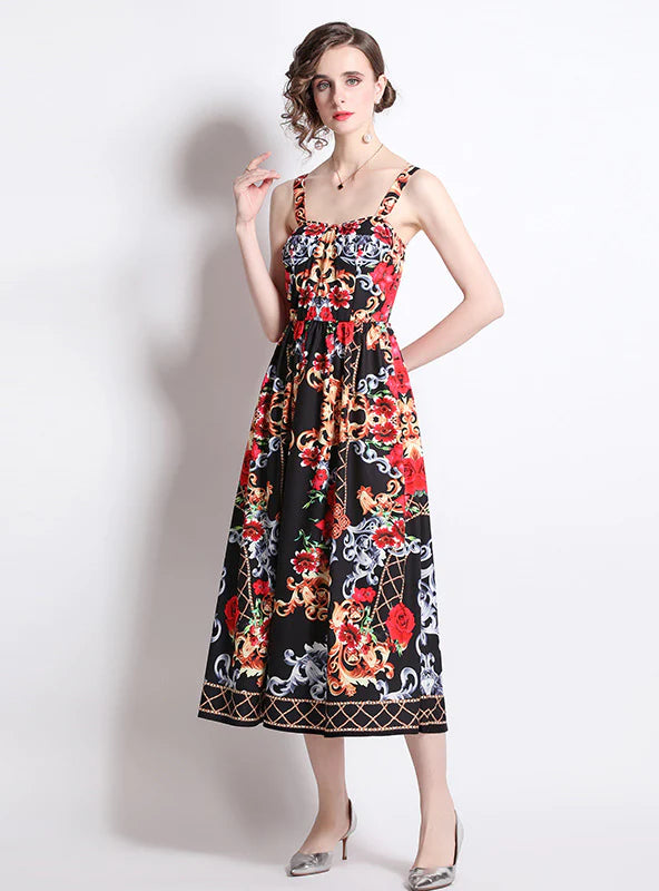 SUSPENDER VINTAGE ROSE PRINT LONG DRESS