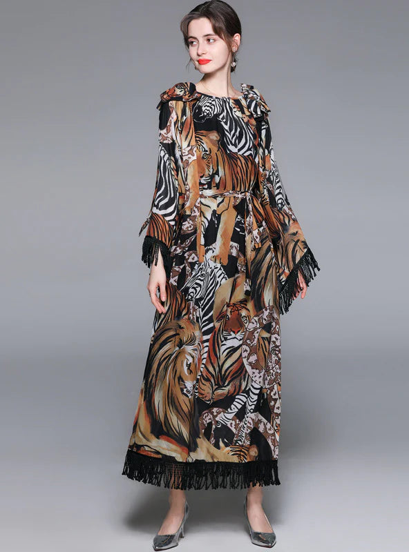 TIGER TASSEL WIDE SLEEVES CASUAL DRESS