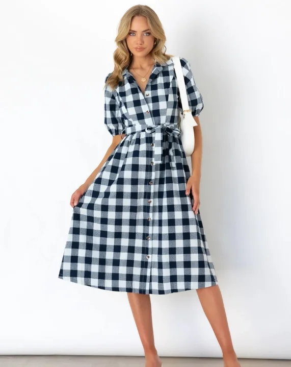 Turn Down Collar Plaid Women Dress Summer A-line High Waist Puff Sleeve Dress