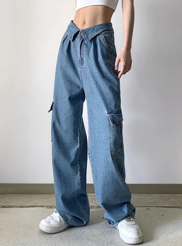 V-LAPEL HIGH WAIST MULTIPLE POCKETS JEANS