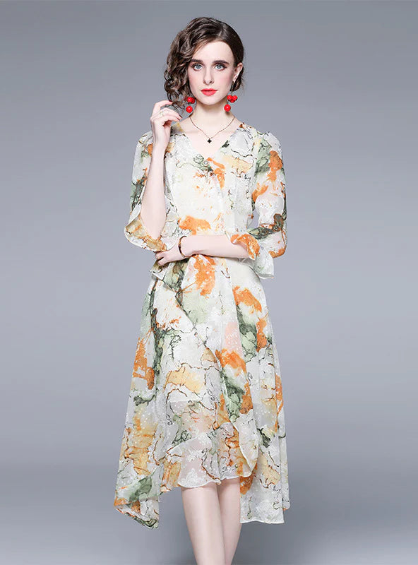 V-NECK CHIFFON PRINT LONG SLEEVE DRESS