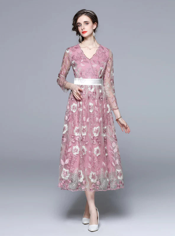 V-NECK GAUZE EMBROIDERED FLOWER LONG SLEEVE DRESS