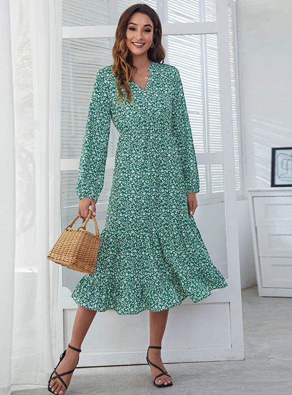 V-NECK HIGH WAIST CASUAL PRINTED FLOUNCE DRESS