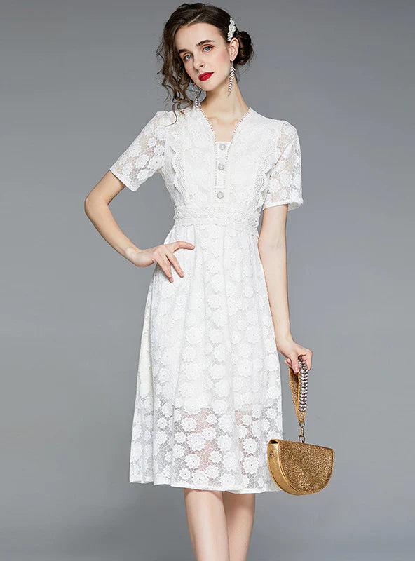 V NECK LACE SHORT SLEEVE LONG DRESS