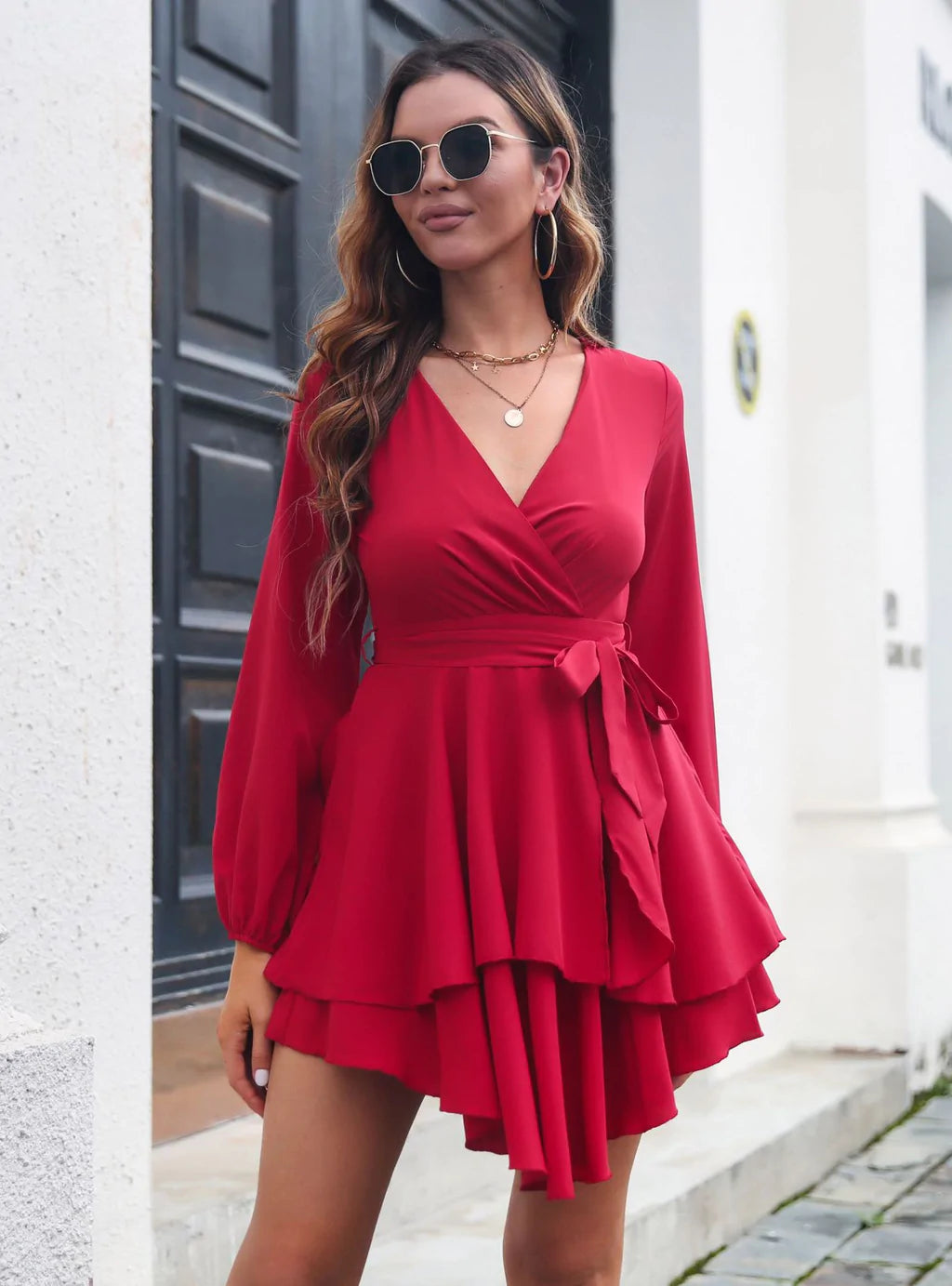 V-NECK LACE-UP LONG SLEEVE DRESS